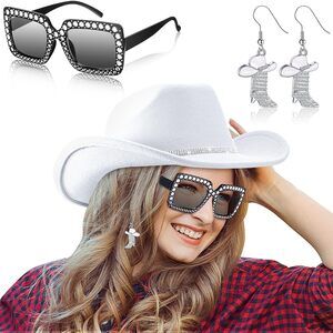 7152 3 Pcs Cowboy Hat Cowgirl Boots Earrings Rhinestone Sunglasses Women